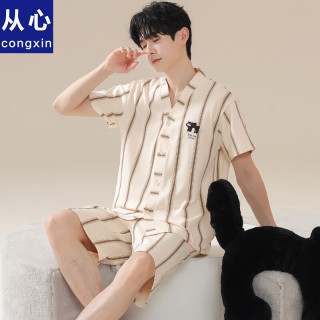 从心睡衣男夏季纯棉薄款开衫大码短袖短裤男士睡衣2024家居服套装 q