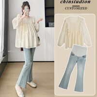 苒琦妈咪装春秋套装圆领上衣春装牛仔微喇裤子上下两件套 杏色上衣【单件】 XL