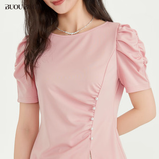 BUOUBUOU衬衫上衣女2024春夏法式优雅立体捏褶泡泡袖腰间珍珠船领 粉色R25 S