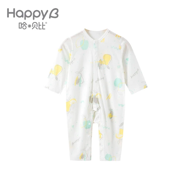 哈贝比婴儿连体衣夏季宝宝长袖哈衣0—2岁新生儿爬服2024年轻薄透气 粉绿 80(12-18月)