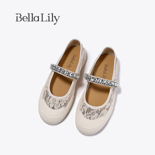 Bella Lily2024春季网面薄款玛丽珍鞋女镂空板鞋水钻休闲鞋子 杏色 37