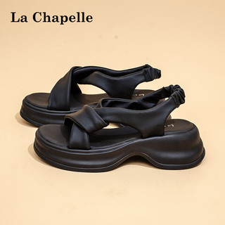 拉夏贝尔女鞋凉鞋2024女士休闲拖鞋法式卷带设计防滑舒适软底凉鞋 黑色 39