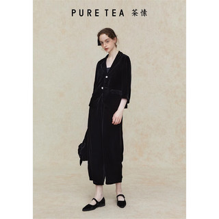 茶·愫【中式通勤】puretea茶愫黑色丝绒西装短外套女七分袖2024夏 石墨黑 M