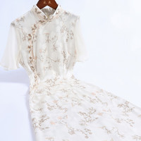 戚薇2024女夏季改良年轻款新中式旗袍高端气质连衣裙平时可穿 米色 XL