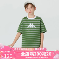 Kappa Kids卡帕儿童夏季舒适条纹T恤男女童印花百搭简约圆领短袖 芥末绿色   130