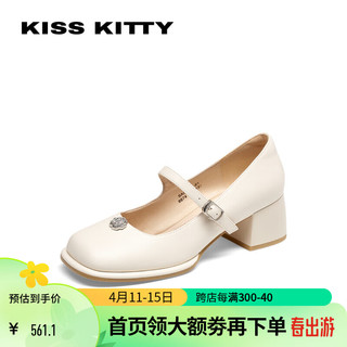 KISSKITTY2024年春季一字带玛丽珍鞋真皮单鞋粗跟方头高跟鞋SA54129-81 米白色（偏大拍小1码） 34