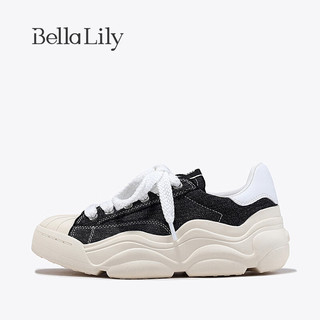 Bella Lily2024春季增高减龄帆布鞋女贝壳头板鞋舒适运动鞋 黑色 35