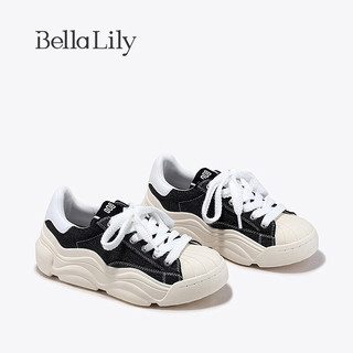 Bella Lily2024春季增高减龄帆布鞋女贝壳头板鞋舒适运动鞋 黑色 35