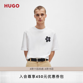 HUGO男士2024夏季徽标艺术图案装饰棉质平纹针织 T 恤 100-白色 EU:L