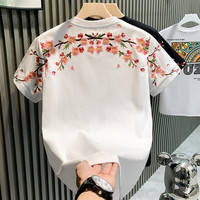 得芊逸欧洲站时尚潮牌梅花刺绣轻奢男T恤短袖青年宽松休闲百搭半袖体恤 白色 L(100-115斤内)