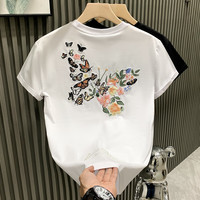 得芊逸欧货高级感小众蝴蝶刺绣短袖T恤男宽松潮流潮牌百搭半袖体恤 白色 M(85-100斤内)