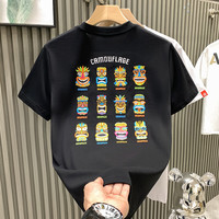 得芊逸欧货时尚潮牌重工刺绣青年男款短袖T恤男潮流宽松圆领半袖男体恤 黑色 L(100-115斤内)