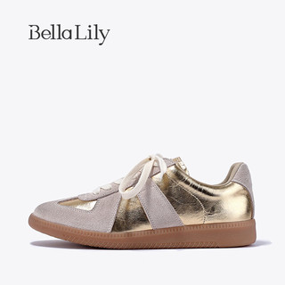 Bella Lily2024春季牛皮拼色德训鞋女金色潮流板鞋低帮休闲鞋 金色 37