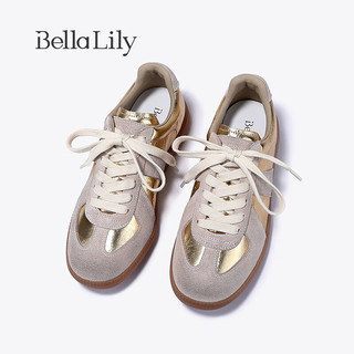 Bella Lily2024春季牛皮拼色德训鞋女金色潮流板鞋低帮休闲鞋 金色 37