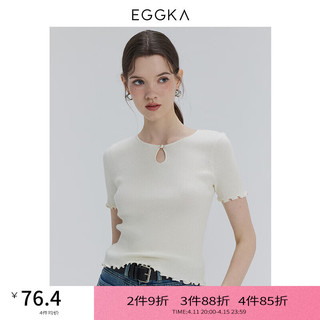 EGGKA  木耳边低领正肩t恤女复古镂空2024针织小众简约修身上衣 杏色 S