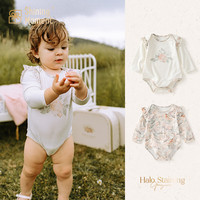 Shining Moment满月女宝宝衣服洋气婴儿包屁衣春秋纯棉长袖爬服复古印花三角哈衣 粉墨水染-白色飞边长袖哈衣 80cm