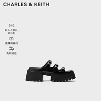 CHARLES&KEITH24春季厚底细条带外穿露趾凉拖鞋CK1-70381017 Black Patent黑色 36