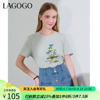 lagogo拉谷谷凉感抗菌国风印花刺绣T恤2024夏正肩短袖女 浅绿色(L8) M