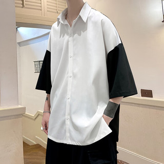 艾梵斯贝韩版时尚潮流宽松男士撞色七分袖衬衫青少年设计感小众衬衣潮外套 黑色 XL