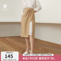 范思蓝恩 夏季不规则半身裙气质百褶裙女中长款高腰a字裙 驼色 M