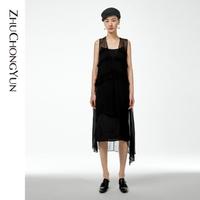 ZHUCHONGYUN 原创设计感不规则轻薄通透时尚通勤黑色连衣裙女
