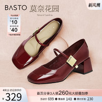 BASTO 百思图 24春新款法式红色玛丽珍小皮鞋粗中跟女一脚蹬单鞋M1111AQ4