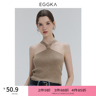 EGGKA 扭结针织上衣无袖挂脖辣妹性感修身露背内搭短款高腰小背心 卡其 均码