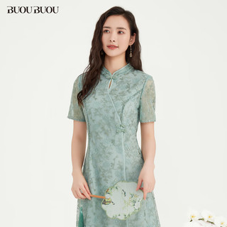BUOUBUOU连衣裙女2024春夏国风复古新中式蕾丝刺绣A字版型 浅绿G40 XL