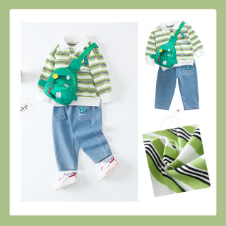 婴尚24春秋男童套装儿童衣服婴幼童长袖条纹卫衣长裤两件套含恐龙背包 绿色 110cm(3-4岁.身高100-110cm)