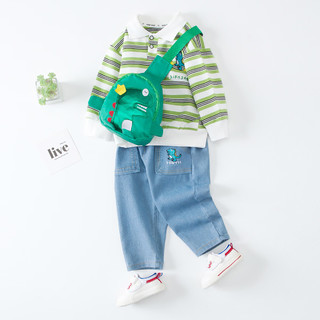 婴尚24春秋男童套装儿童衣服婴幼童长袖条纹卫衣长裤两件套含恐龙背包 绿色 110cm(3-4岁.身高100-110cm)