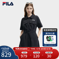 FILA 斐乐女子梭织连衣裙2024夏季时尚宽松翻领收腰裙子 正黑色-BK 165/84A/M