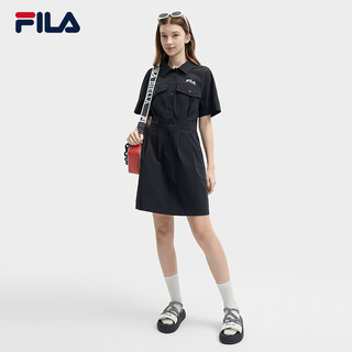 FILA 斐乐女子梭织连衣裙2024夏季时尚宽松翻领收腰裙子 正黑色-BK 165/84A/M