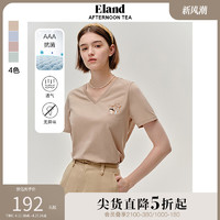 E·LAND 衣恋 Eland衣恋T恤女V领短袖纯棉T恤衫柯基刺绣美拉德学院风上衣