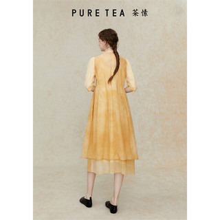 茶·愫【水色渐染】puretea茶愫量感公主袖连衣裙女扎染棉锦2024夏 琥珀黄 S