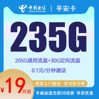 中国电信 平安卡 首年19元月租 （235GG国内流量+首月免租+0.1元/分钟通话）赠短袖一件