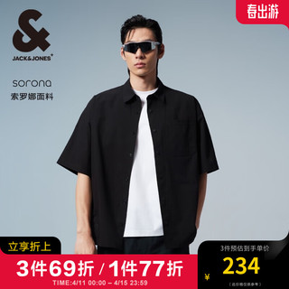 杰克·琼斯（JACK&JONES）夏季休闲户外工装风款衬衣字母宽松短袖衬衫男224204022 E40 黑色 常规 E40 黑色 185/104A/XL