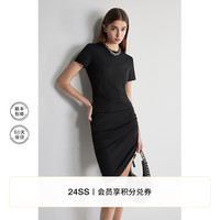 欧时力 抽褶不规则短袖连衣裙2024春夏修身透气显瘦 黑色 S