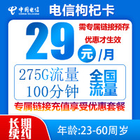 中国电信 枸杞卡29元/月275G全国流量不限速100分钟