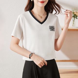 幻黛（HUANDAI）棉v领白色短袖T恤女2024夏季薄款品牌半袖修身正肩女士上衣体恤 黑色 XL