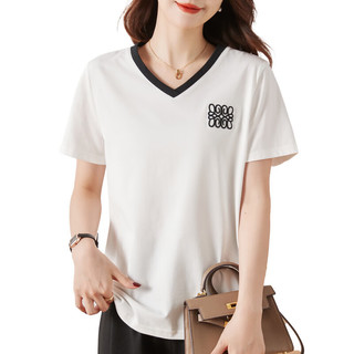 幻黛（HUANDAI）棉v领白色短袖T恤女2024夏季薄款品牌半袖修身正肩女士上衣体恤 黑色 XL