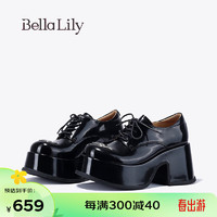 Bella Lily2024春季8CM粗跟高跟鞋女黑色美式单鞋增高小皮鞋子 黑色 35
