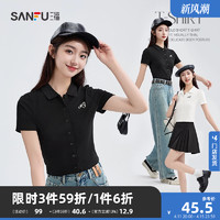 SANFU 三福 短袖2024新款夏季英文刺绣polo领t恤女短款修身显瘦上衣女装