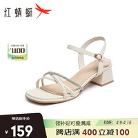 紅蜻蜓 涼鞋女2024夏季一字帶粗跟法式高跟鞋時裝涼鞋 WLK24083米白色37