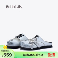 Bella Lily2024春季蝴蝶结半包拖鞋女外穿脏脏鞋水钻圆头单鞋 灰蓝 35