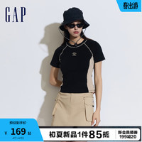 Gap女装2024夏季logo撞色拼接明线针织短袖T恤套头上衣889920 黑色 170/88A(L) 亚洲尺码