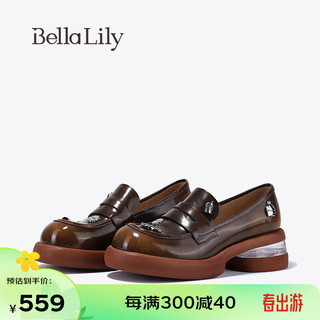 Bella Lily2024春季复古时尚小皮鞋女增高减龄单鞋休闲乐福鞋 棕色 35