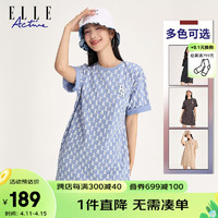 ELLE Active 潮酷宽松连衣裙夏季新款时尚个性LOGO满印运动休闲圆领短袖T恤裙 浅蓝/白色 L