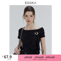 EGGKA 不规则结构爱心T恤女春夏修身显瘦斜肩短袖上衣 黑色 均码