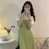 FOURDATRY2024法式设计感蕾丝拼接连衣裙女夏季假两件中长款短袖茶歇裙 绿色 L