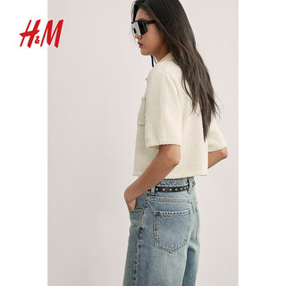 H&M2024夏季女装女士休闲时尚简约风有领短袖开衫1234763 白色 170/116